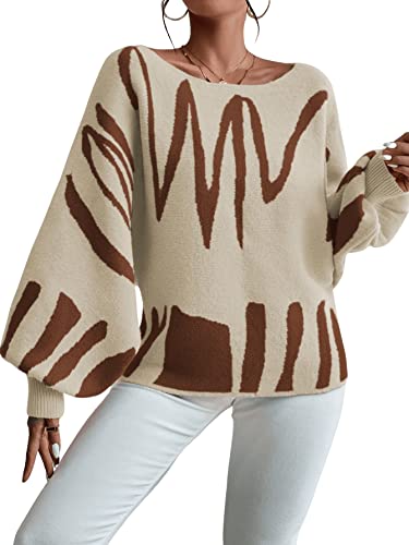 Sweatyrocks Women's Casual Graphic Print Lantern Sleeve Top Boat Neck Oversized Pullover Sweater Beige Xl #TOP2