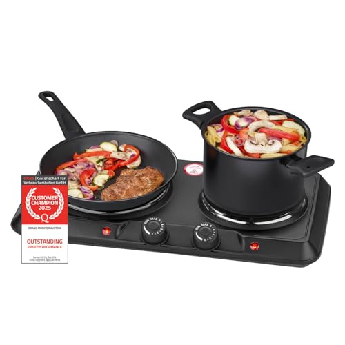 Placa de cocción doble TZS First Austria 2500 W | Placas de cocción de hierro fundido 180/150 mm | Control manual | Carcasa metálica | Portátil para camping y viajes