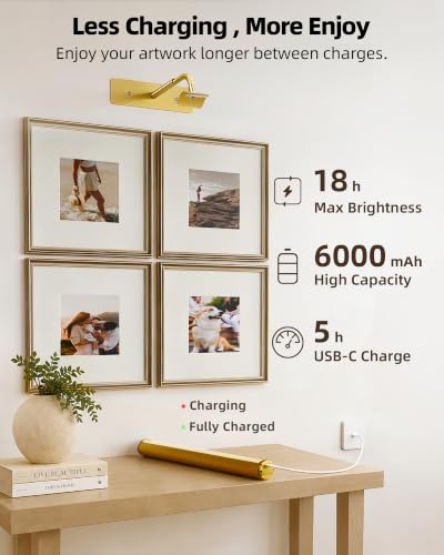 Image of EZVALO 16 inch Picture Light for Wall, 6000mAh Rechargeable Wireless Picture Light with Remote, Dimmable Battery Operated Painting Light with 3 Color Temps for Wall Art, Living Room, Hallway - Gold