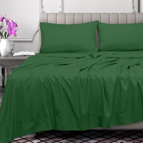 Image of Royale Linens 300 Thread Count 100% Long Staple Combed Cotton Flat Sheet - Super Soft- Top Sheets -Queen Flat Sheet Sold Separately- Breathable, Cool & Crisp Percale Sheets Only (Queen, Hunter Green)