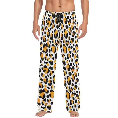 Vdsrup Men's Pajama Pants Yellow Leopard Print Pajama Pants for Men PJs Bottoms Drawstring Pockets White Sleep Lounge Pants S
