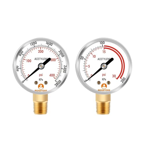Roastove Low and High Pressure Gauges for Acetylene Regulator 0-30 psi & 0-400psi - 2 inches - 1/4 NPT Thread