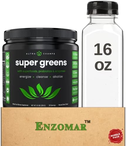 Nutra Champs Super Greens Powder Premium Superfood - Berry Flavor - 16 oz Plastic Clear Bottles with Caps - Bundle Pack - 30 Servings - 20+ Organic Green Veggie Whole Foods - 9.1 oz (Pack of 1)