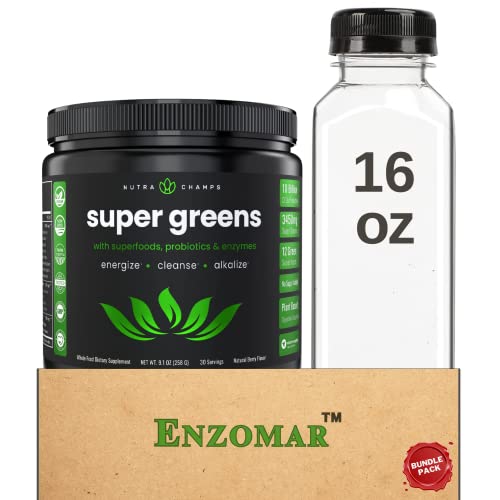 Nutra Champs Super Greens Powder Premium Superfood - Berry Flavor - 16 Oz Plastic Clear Bottles With Caps - Bundle Pack - 30 Servings - 20+ Organic Green Veggie Whole Foods - 9.1 Oz (Pack Of 1) #TOP24