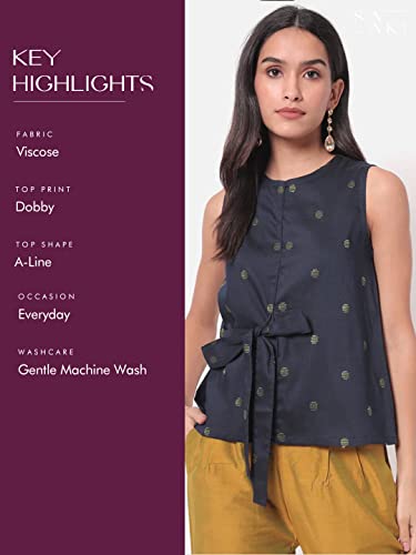 Image of SAAKI by Samantha Ruth Prabhu Nohreen Viscose Blue Sleeveless Top for Women and Girls