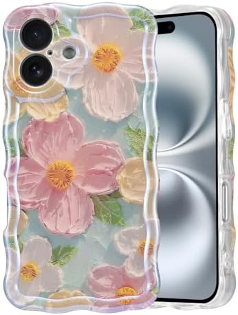 T Tersely for iPhone 16 Case for Women Girl Oil Painting Flowers Laser Beam Glossy Pattern Waves Border Cover Silicone Shockproof Phone Case (Green, iPhone 16)