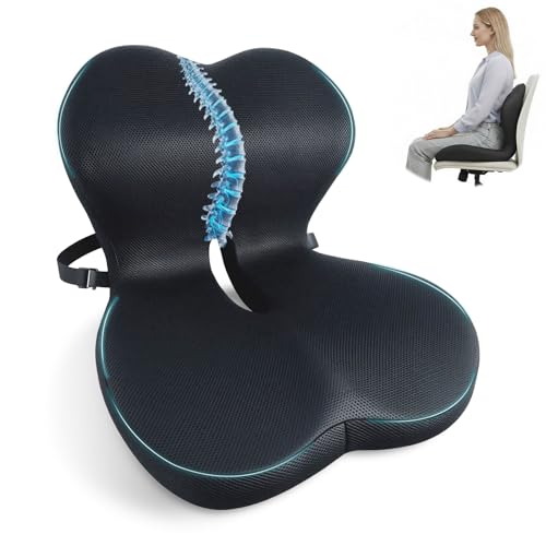 Image of Memory Foam Seat Cushion,Office Chair Cushion with Lumbar Support for Back Pressure Relief, Car Seat Cushion with Adjustable Strap,Sciatica Pad Cushions for Car,Truck, Desk (C-Black+Mesh Cloth)