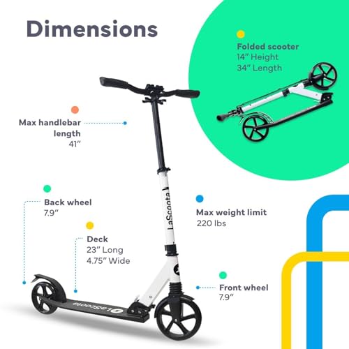 Image of LaScoota Kick Scooter for Kids Ages 6+, Teens & Adults, Large 8 inch Sturdy Urethane Wheels. Adjustable Handlebar, Lightweight, Foldable, 220lbs Max Load