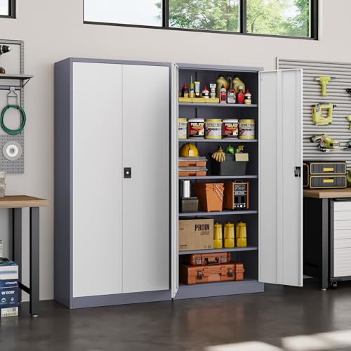 Image of Yizosh Metal Garage Storage Cabinet with Lock, 72 inch Locking Tool Cabinet with 2 Doors and 4 Shelves for Garage,Office,School (Gray White)