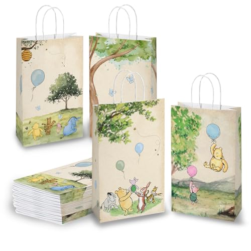 ZsaTuiy 16PCS Winnie Gift Bags for Baby Shower Party Supplies Winnie Baby Shower Goodie Bags Snacks Treat Candy Party Favors Bags with Handles for Classic Pooh Theme Parties Decorations