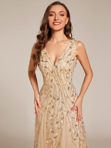 Image of Ever-Pretty Women's Prom Dresses V Neck Sleeveless Tulle Hem A-Line Sequins Maxi Ball Gowns 02130