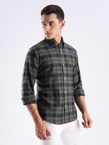 Image of TURMS Men's Casual Checks Shirts, Odor Control, Moisture Wicking, Button Down Collar, Cool Tech Cotton Fabric, Tailored Fit, Full Sleeve