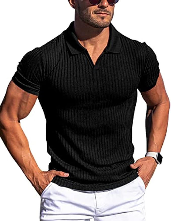 Gnvviwl Men's Muscle V Neck Polo Shirts Slim Fit Short Long Sleeve Cotton Golf T-Shirts Ribbed Knit Soft Tees