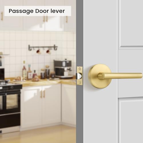 Image of Goldenwarm 8 Pack Gold Passage Door Handles, Closet Door Lever Brushed Gold Interior Door Handle for Hall and Closet, Zinc-Alloy Heavy Duty DoorHandles Reversible(no Lock)