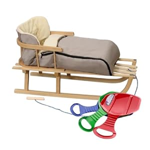 BirnePower Holzschlitten 90cm mit Rückenlehne und Winterfußsack 90cm in Mokka – Komplettset inkl. Zugseil & Gurt, Rodelschlitten aus Buchenholz (Mokka 90cm)
