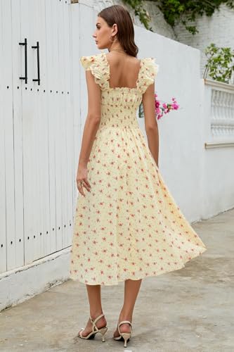 Image of Women's 2026 Spring Summer Floral Midi Dresses Square Neck Smocked Waist Beach Wedding Guest Long Flowy A Line Sundress