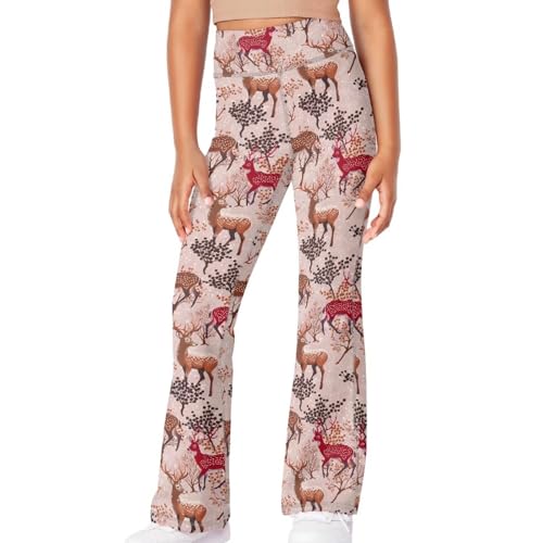 Yzaoxia Deer Bell Bottom Leggings for Girls Flare Yoga Pants Size 13-14 Tree Stretchy Gym Legging High Waisted Bootcut Pant Pink Long Workout Activewear Athletic Running Clothing Tummy Control