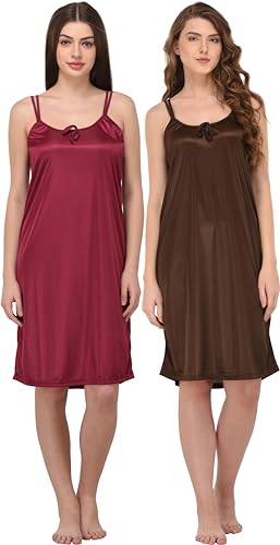 Image of You Forever Women Sexy Satin Striped Solid Above Knee Length Nighty, Loungewear, Nightwear, Sleepwear, Home Wear Short Nighty for Women Pack of 2