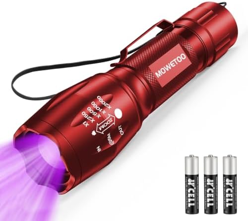 MOWETOO Taschenlampe UV Lampe 2 in 1 Schwarzlicht 395nm für Urin, Banknoten | 4 Modi (Weiß h/n, SOS, UV), 40W, 3 AAA, Alu, wasserdicht, Fokus, für Urin, Banknoten, Lecks & Wanzen,