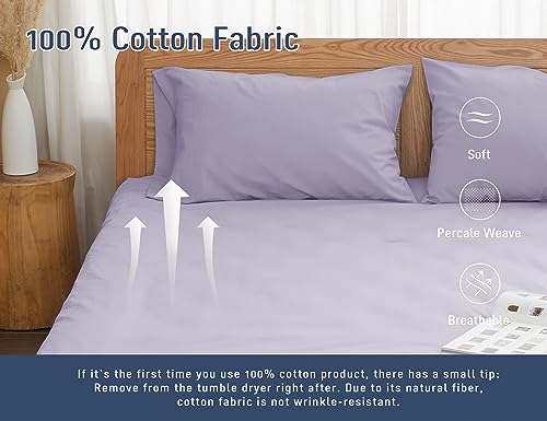 Pillow Cases, King Size Cotton Percale Weave Pillowcases, Pre-Shrunk Breathable and Hypoallergenic Pillowcases, Set of 2 (2 Piece King 20 Inch x 40 Inch, Light Purple)