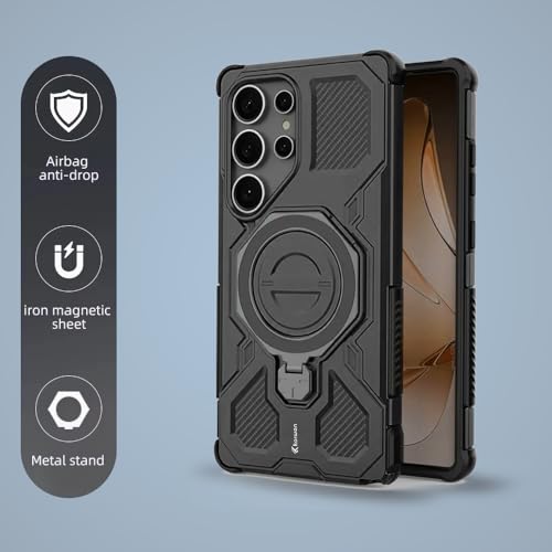 Image of KARWAN Tough Shockproof Armor Back Case Cover Compatible with Samsung Galaxy S25 Ultra with 360 Degree Rotation Magnetic Attraction Ring Holder, Heavy Duty Cover with MagEaze Wireless Charging (Black)