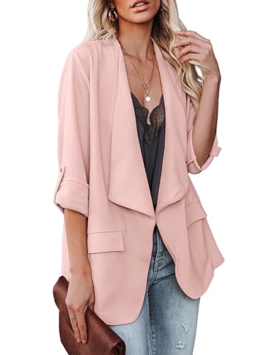 Womens Casual Blazer Jackets Roll Up Long Sleeve Open Front Work Office Business Blazers with Pockets Pink