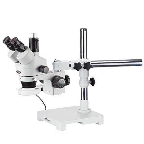 AmScopeSM-3TZZ-54S Professional Trinocular Stereo Zoom Microscope, WH10x and WH20x Eyepieces, 3.5X-180X Magnification, 0.7X-4.5X Zoom Objective, 54-Bulb LED Light, Single-Arm Boom Stand, 110V-240V, Includes 0.5X and 2.0X Barlow Lenses