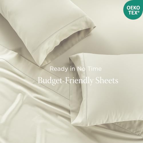 Image of Threadmill 300 Thread Count Cotton Full Sheet Set, Sateen, Solid, Ivory | 100% Cotton, Sateen Weave, 4-Piece Set, 16 inch Deep Pocket, All-Around Elastic, Cooling, Breathable, OEKO-TEX Certified