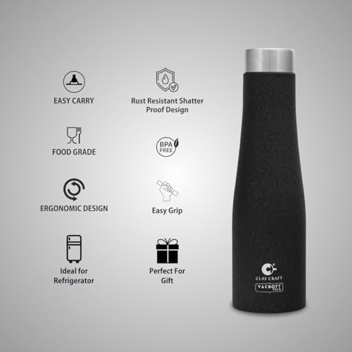 Image of Clay Craft Vacbott Petra Single Walled Non Insulated Water Bottle, 1000 ml - 1 Piece (Black) Steel Water Bottles for School, Office, Home, Gym, Water Bottle for Men Leakproof, Rust Free Steel Bottle