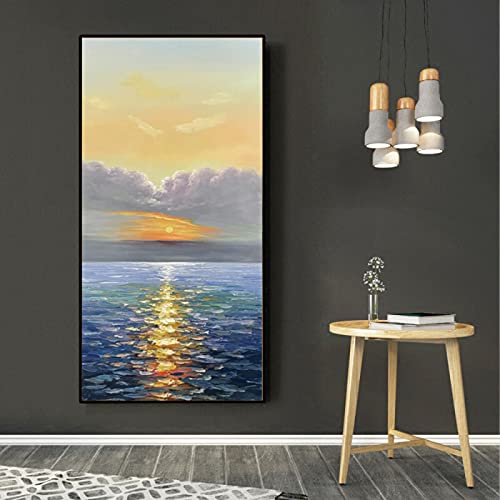 Geel en Grijs Grote Abstracte Muur Art Groot Canvas voor Woonkamer Hal, Zonsopgang Blauwe Zee Badkamer Foto's Muur Decor… - Afbeelding 5