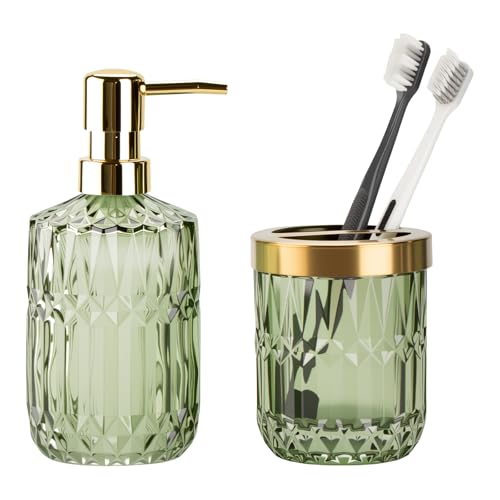 Glass Bathroom Accessories Set, 2PCS Clear Glass Bathroom Accessory, Toothbrush Holder and Soap Dispenser Set for Modern Bathroom Decor(Green)