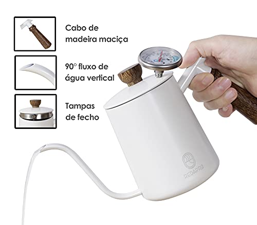 Cafeteira Chaleira Bico de Ganso de Café Com Termômetro, de Aço Inoxidável Com Cabo de Madeira 600ml