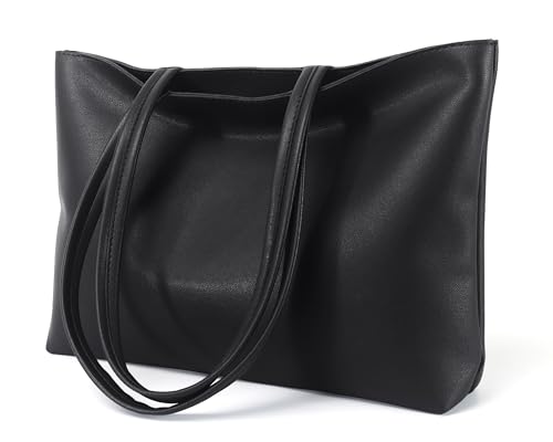 ALUWU Tote Bag for Women with Zipper Faux Leather Shoulder Handbags Work Purses with Coin Purses, Black