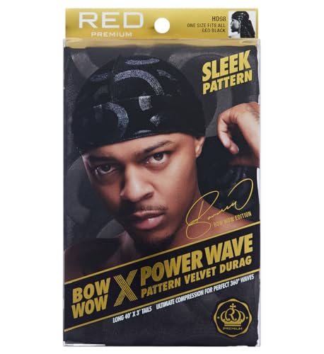 Red by Kiss Bow Wow X Power Wave Premium Pattern Velvet Durag Soft & Stretchy Ultimate Compression Secure Fit & Breathable (Geo Black)