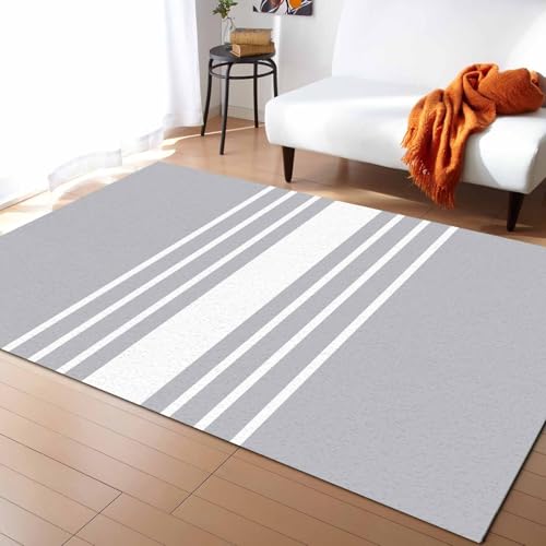 Light Grey Striped Area Rug 5 x 7, White Simple