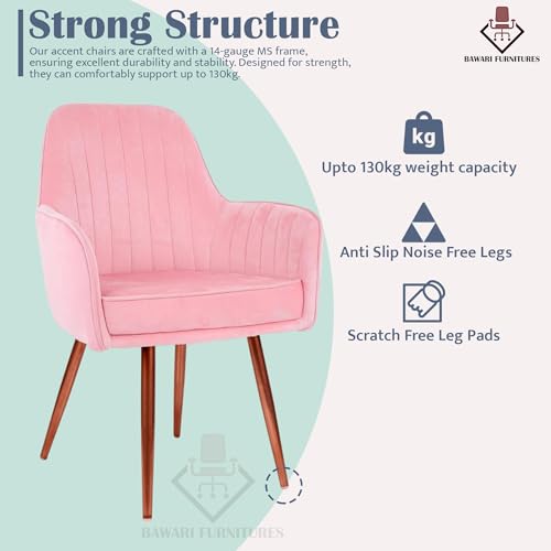 Image of Plush Dining Chair | Accent Chair for Living Room Bedroom Restuarant | Velvet Fabric & Thick Cushion Seat with Sturdy Glossy Metal Legs (Bronze Legs, Baby Pink)
