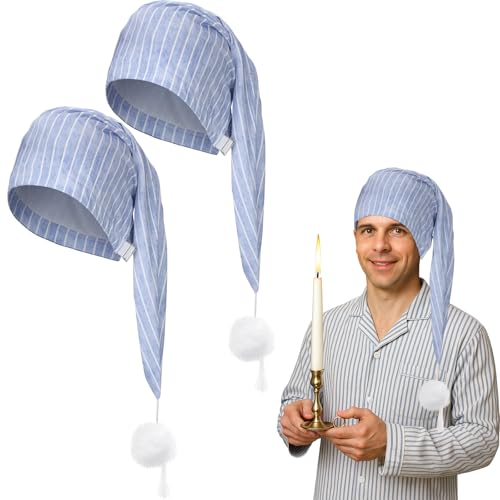 Eurzom 2 Pcs Mens Night Cap Adjustable Sleeping Caps Striped Pajama Hat with Pom Ball for Daily Costume Party Supplies(Light Blue and White)