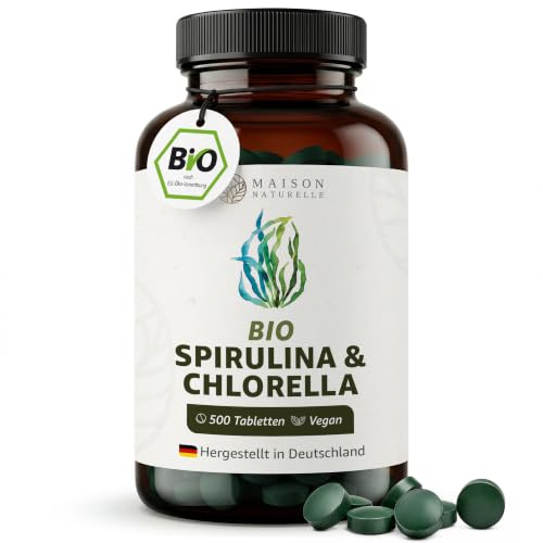 MAISON NATURELLE | Bio Spirulina & Chlorella Mix (500 Stück) - Hochdosiert mit 2400mg Bio-Spirulina Alge & 2400mg Bio Chlorella Alge je Tagesdosis