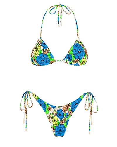 Image of Women's Triangle Bikini Set String Swimsuit Print Tie Smocked Ruched Two Piece Bathing Suit