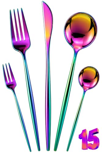 Image of Slim Handle Rainbow 15 Pcs Stainless Steel Cutlery Set for Dining Table, Dishwasher Safe Glossy Flatware (3 Spoon Set+3 Forks Set+3 Butter Knife+3 Dessert Spoon+ 3 Fruit Fork)