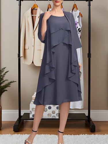 2 Piece Mother of The Bride Dress Plus Size Cascading Tea-Length Chiffon Formal Evening Dresses for Women with Jacket2