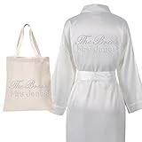 Personalisierbarer luxuriöser Satin-Bademantel & Tasche mit Aufschrift aus Kristallsteinen für die Braut, die Hochzeit, Kimono (Set 2) elfenbeinfarben