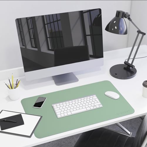 Image of AROPANA Vegan Leather Desk Mat | Large Reversible Mouse Pad & Computer Table Protector | Dual-Side Waterproof Extended Laptop Pad with Edge-Stitched Design (60x35CM, Light Green and Blue)