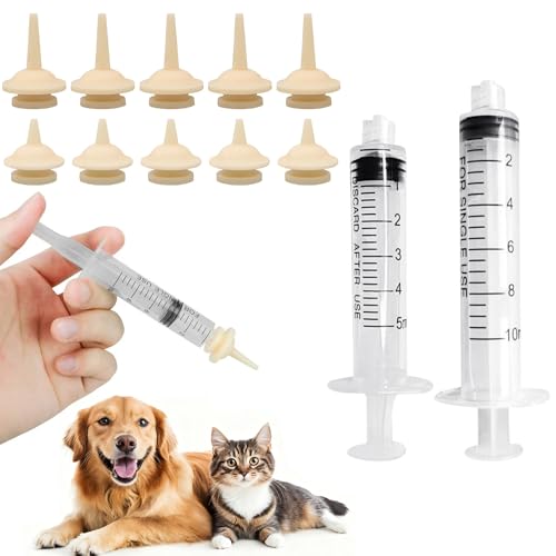 Coollooda ペット 投薬器 シリンジ 針なし 5ml 10ml 12本セット (12pcs) シリンジ ペット 2個+長い乳首5個+短い乳首5個 猫に薬を飲ませる道具 子猫用哺乳瓶 流動食注入器 給水器 注入器 投薬器 目盛り付き 再利用可能 プラ