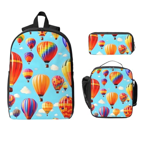 Hot Air Balloons print Shoulder Bookbags Lunch Bag and Pen Case 17 inches Backpack with Lunch Box, Cute Bookbag Set2