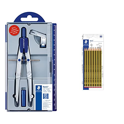 Staedtler - Compás Escolar Noris Club Con Adaptador En Oferta Staedtler Noris Club 550 01, Compás Escolar De Precisión Con Rueda De Ajuste, Color Plateado &Amp; Noris 120-2Bk10D, Lápices De Madera Certificada, Caja De 10 Unidades, Color Negro