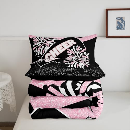 Image of Feelyou Pink Glitter Cheer Comforter Set Toddler Size Dreamy Girly Gymnastic Sports Comforter for Kids Boys Girls Gymnastics Lovers Bedding Set Cheer Sports Duvet Set Room Decor Quilt