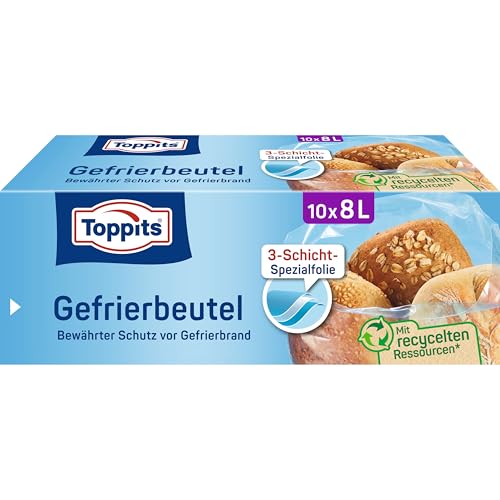 Toppits Gefrierbeutel - 10 x 8L, Extra Reißfest, Standboden, Transparent, Ideal für Lebensmittelaufbewahrung und Einfrieren