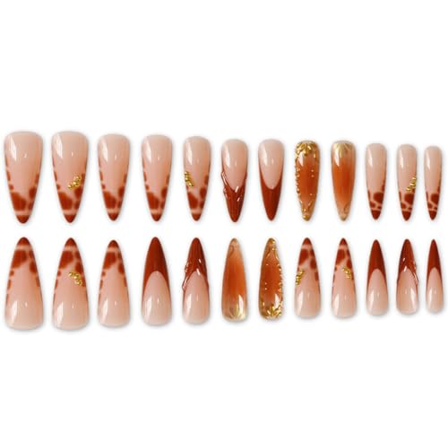 Image of Brown Press on Nails Medium Almond Fake Nails French Tip False Nail with Gold Design Ombre Glue on Nails Reusable Artificial Acrylic Full Cover Stick on Nail for Women Manicure 24Pcs