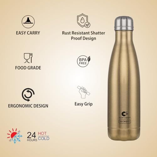 Image of Clay Craft Vacbott Stark Sparkle Double Walled|18 Hours Hot and 24 Hours| Cold Water Bottle Vacuum Insulated Flask Bottle|500 ml,3 Piece, Water Bottles for School, Home, Gym, Leakproof